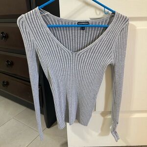 Express Gray Ribbed V-Neck Sweater